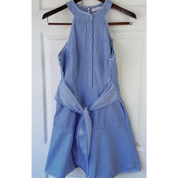 Parker Lauralie Combo Dress size 4 blue stripes halter fit & flare cotton lined - Picture 3 of 14